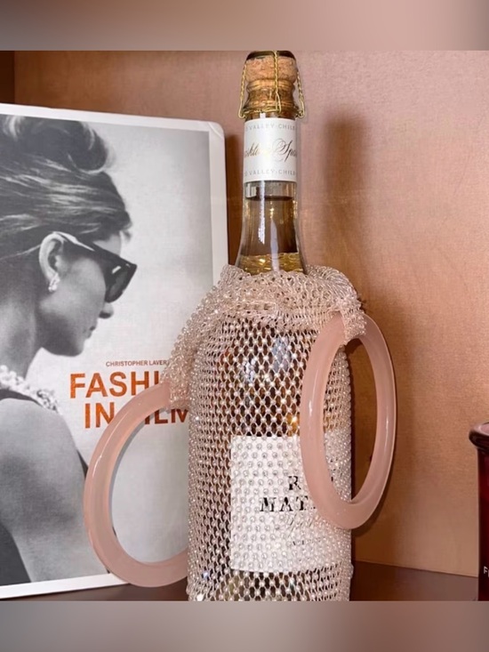 Handbags - Beaded Mesh Wine Bottle Bag with Pink Hoop Handles